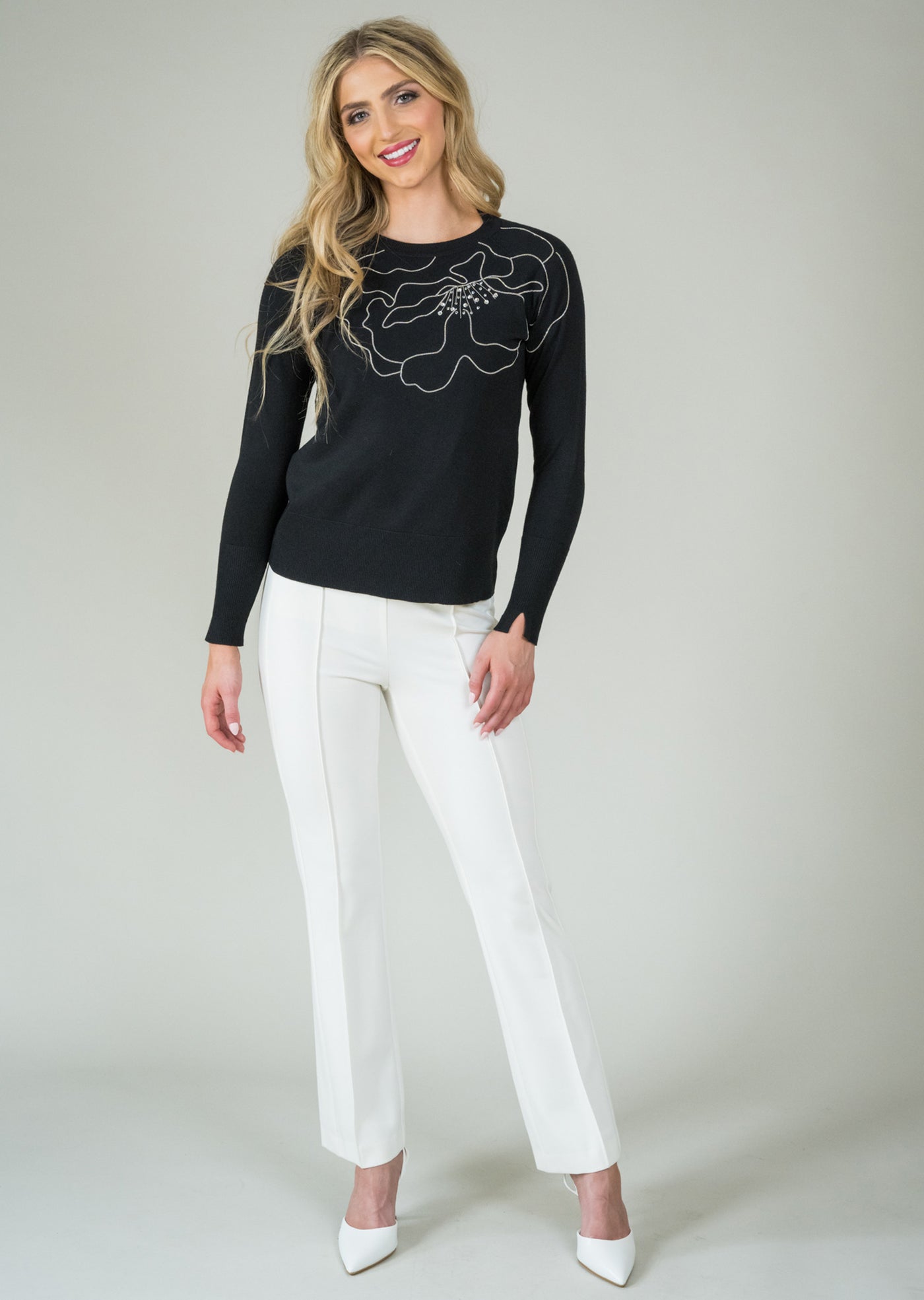 Haley Fabric Round Neck Sweater With Chained Flower Lisette L