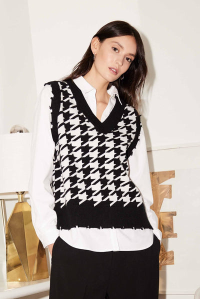 Houndstooth Fooler Vest with Shirt Collar Charlie B