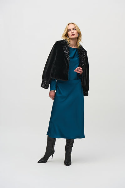 Faux Fur Jacket with Sequins Trim Joseph Ribkoff