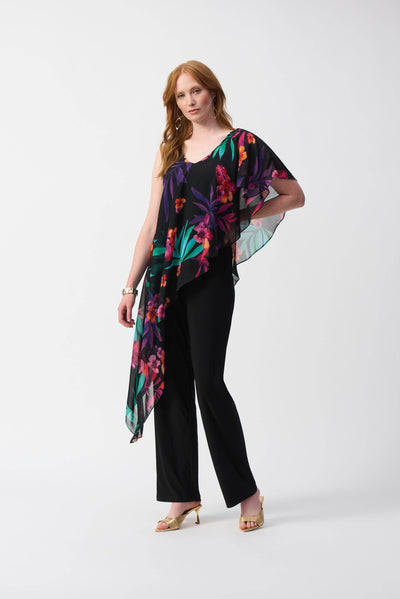 Silky Knit Jumpsuit With Tropical Chiffon Overlay - Dream Pants