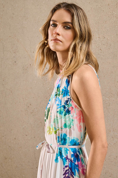 Pleated Satin Floral Print Maxi Dress - Dream Pants