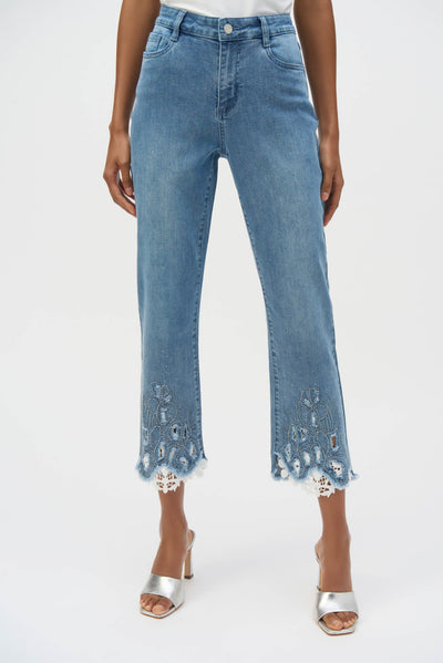 Stretch Straight Crop Jeans with Embroidery