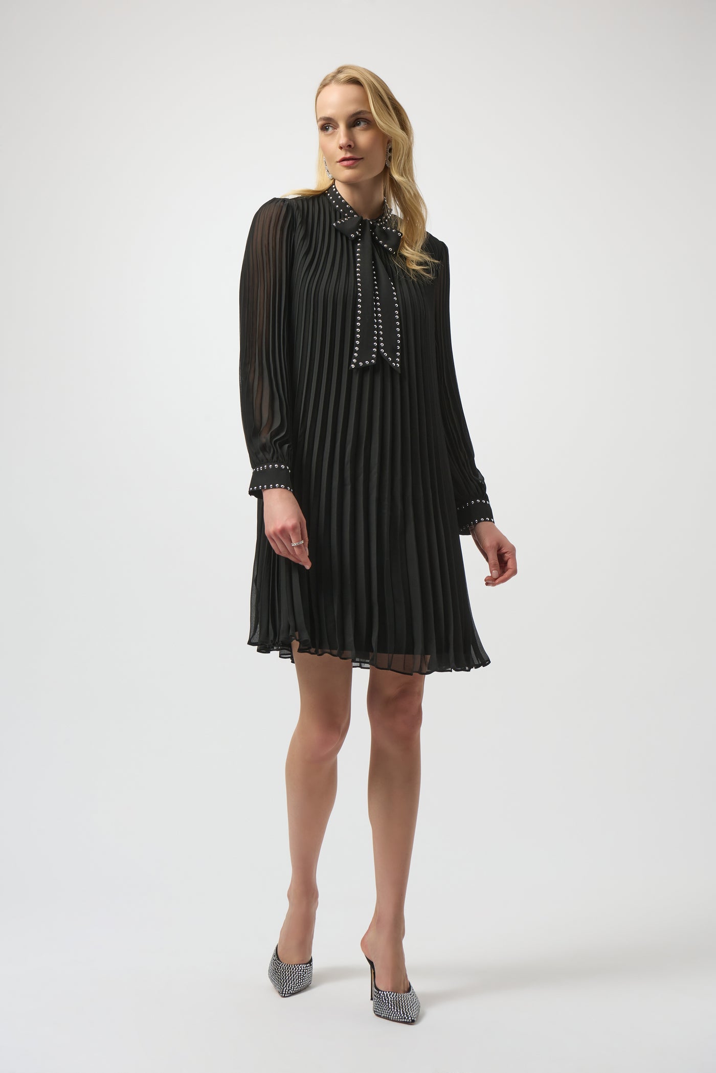 Pleated Chiffon Aline Dress with Neck Tie Joseph Ribkoff