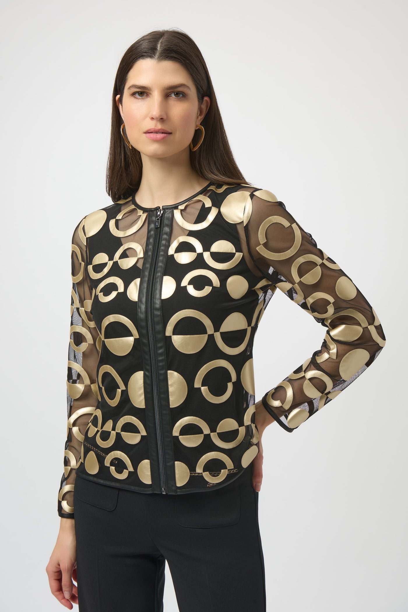 Mesh and Leatherette Collarless Jacket Joseph Ribkoff
