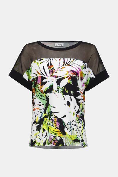 Silky Knit Tropical Print Straight Tunic With Mesh Insert Joseph Ribkoff
