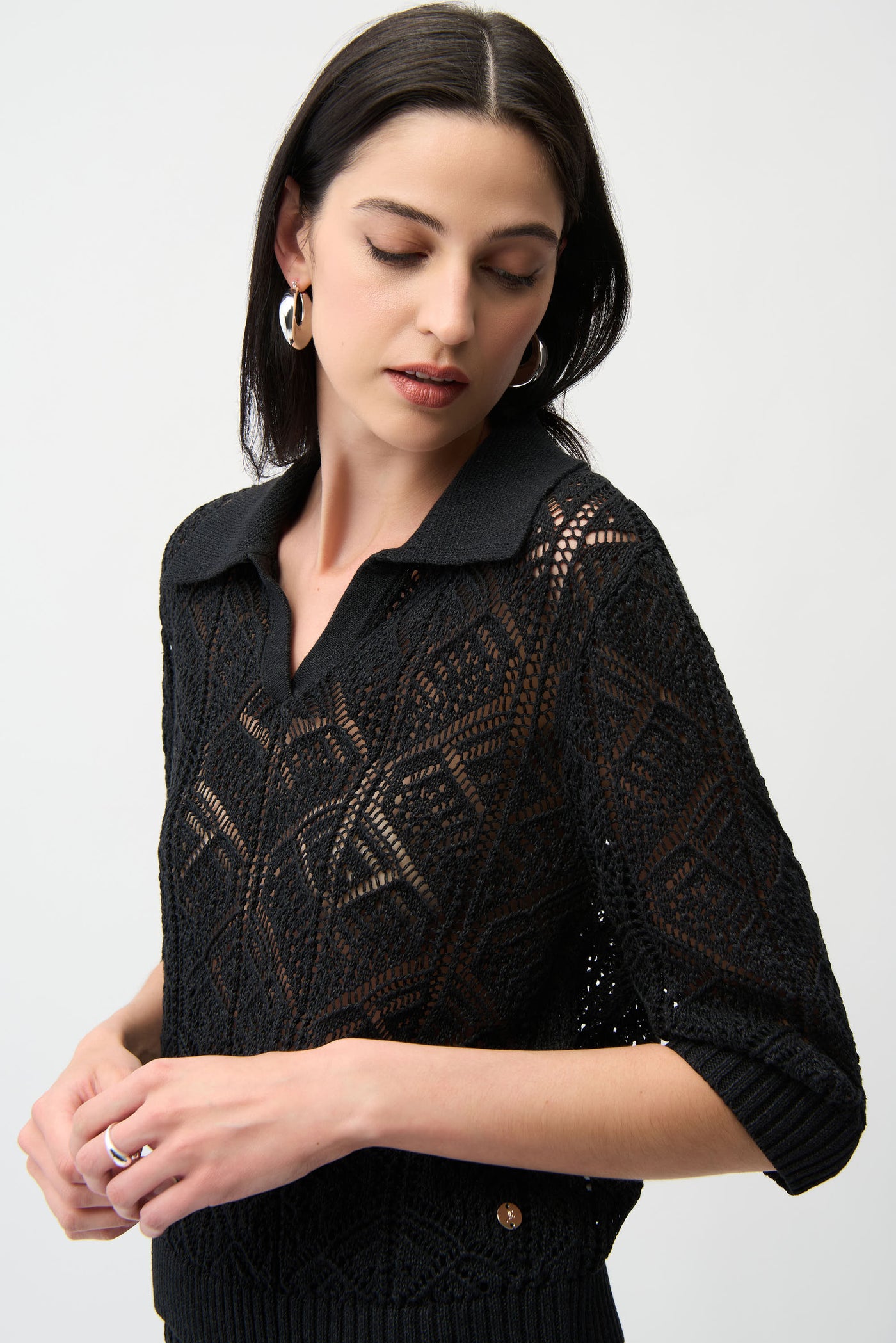 Cotton Blend Open Stitch Sweater with Polo Collar 261929 Joseph Ribkoff