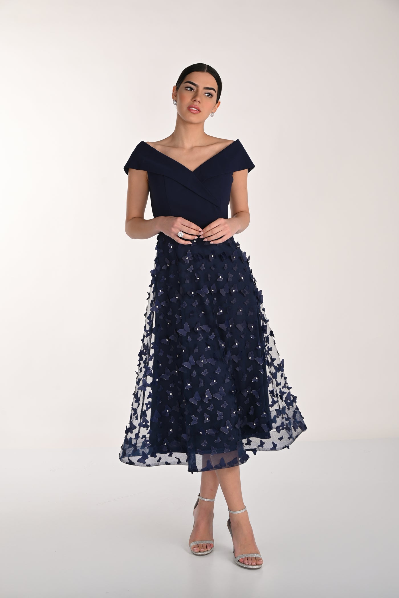 Petal Embellished Off-Shoulder Midi Dress Frank Lyman