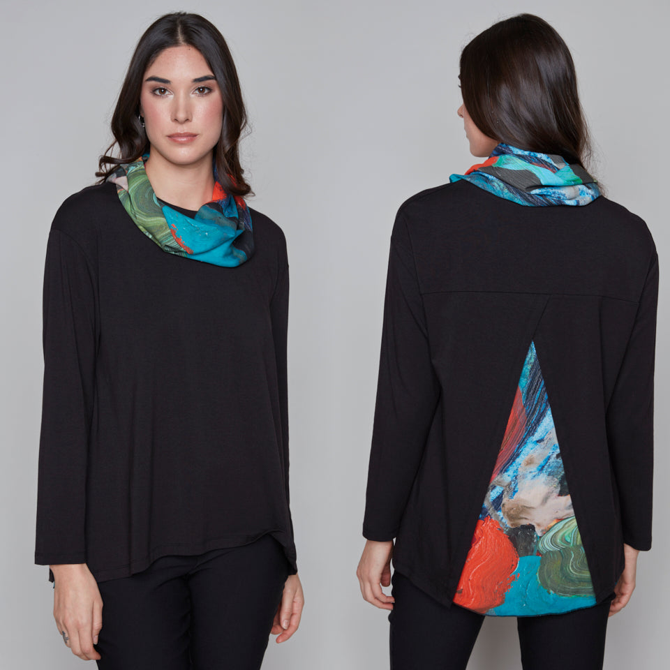 Black Top with Abstract Back Detail with Detachable Scarf Claire Desjardins