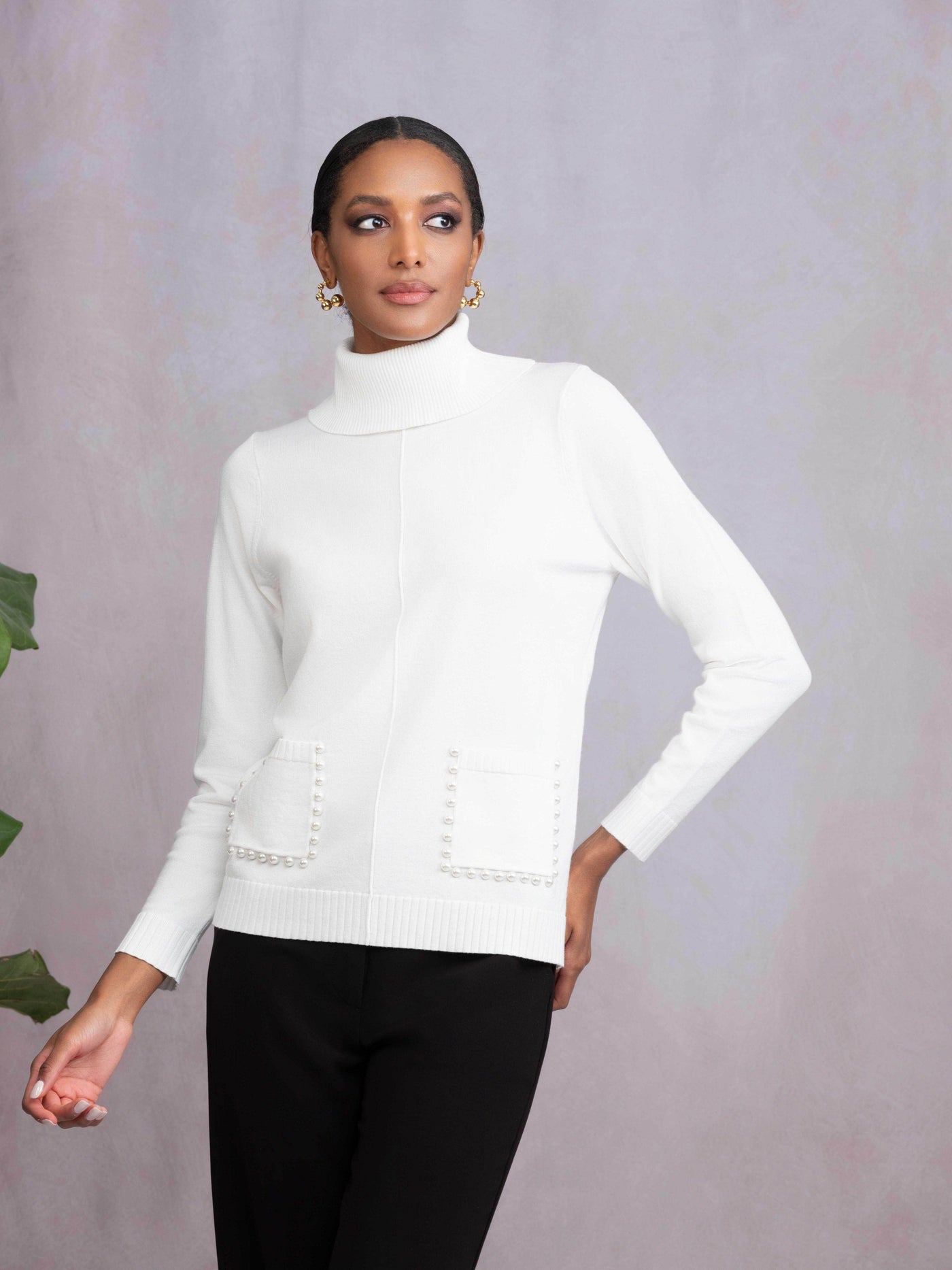 Mock Neck Sweater with Pearl-Trim Pockets - Dream Pants