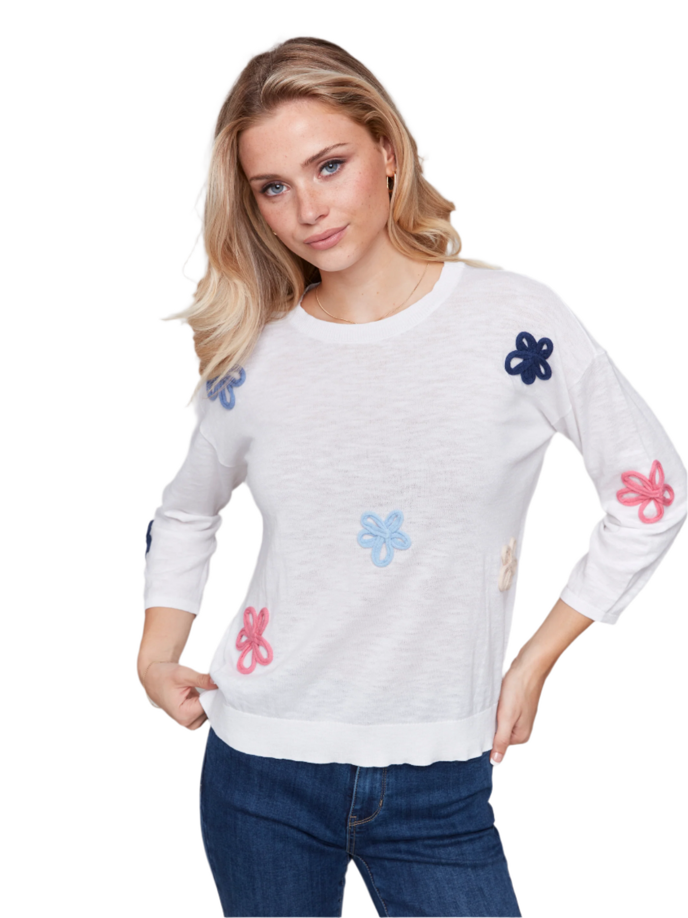 Cotton Sweater with Flower Patches