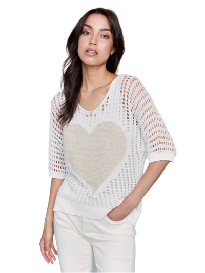 Fishnet V-Neck Sweater with Gold Heart Charlie B