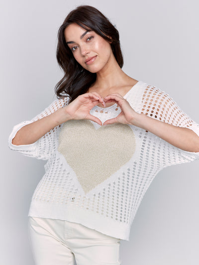 Fishnet V-Neck Sweater with Gold Heart Charlie B