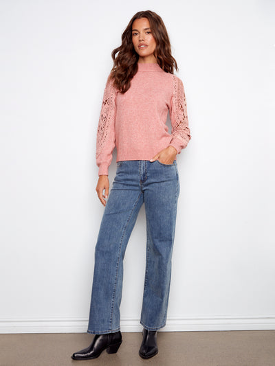 Mock Neck Sweater With Crochet Sleeves Charlie B