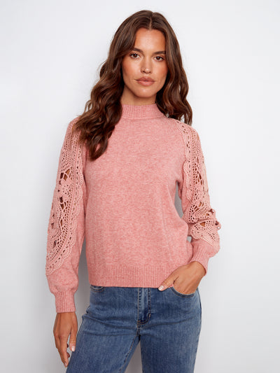 Mock Neck Sweater With Crochet Sleeves Charlie B