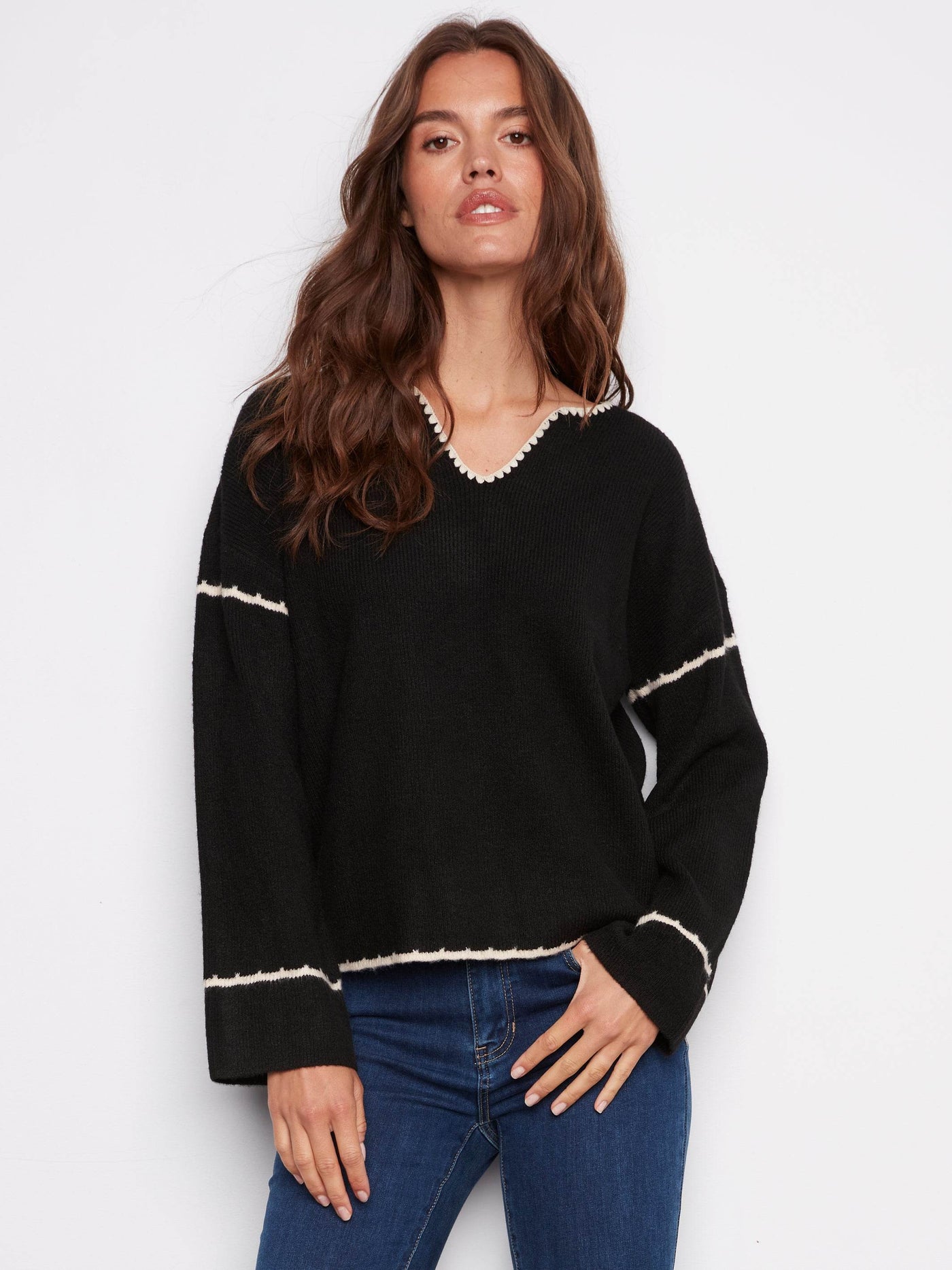 Embroidered Ribbed Sweater with Notch Neck - Dream Pants