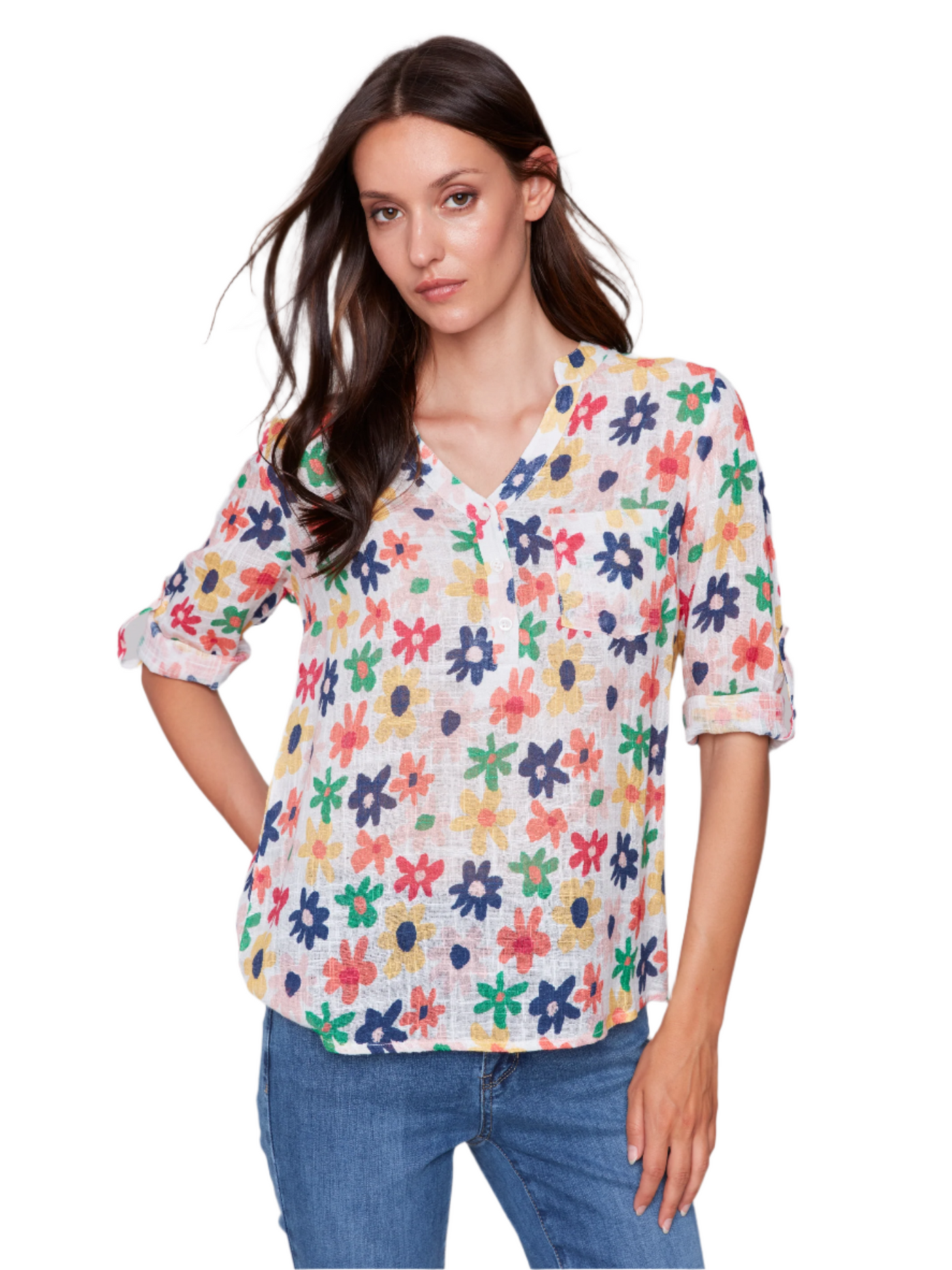 Printed Cotton Gauze Half-Button Blouse