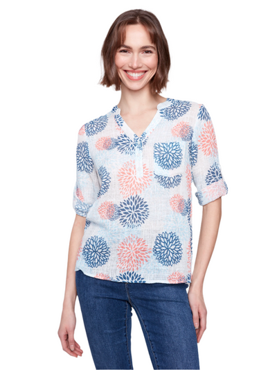 Printed Cotton Gauze Half-Button Blouse