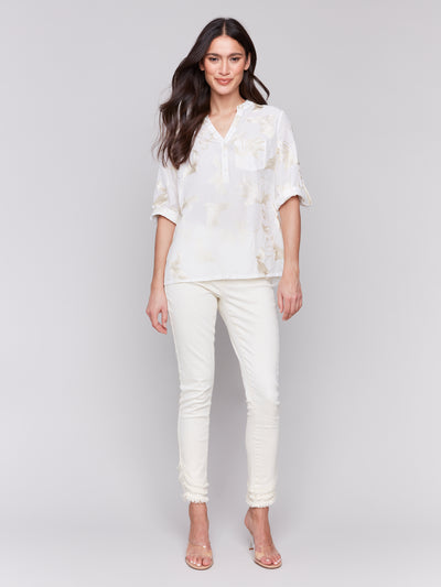 Embroidered Cotton Half-Button Blouse Charlie B