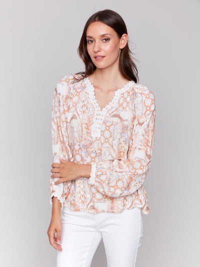 Printed Raglan Blouse with V-Notch Neckline Charlie B