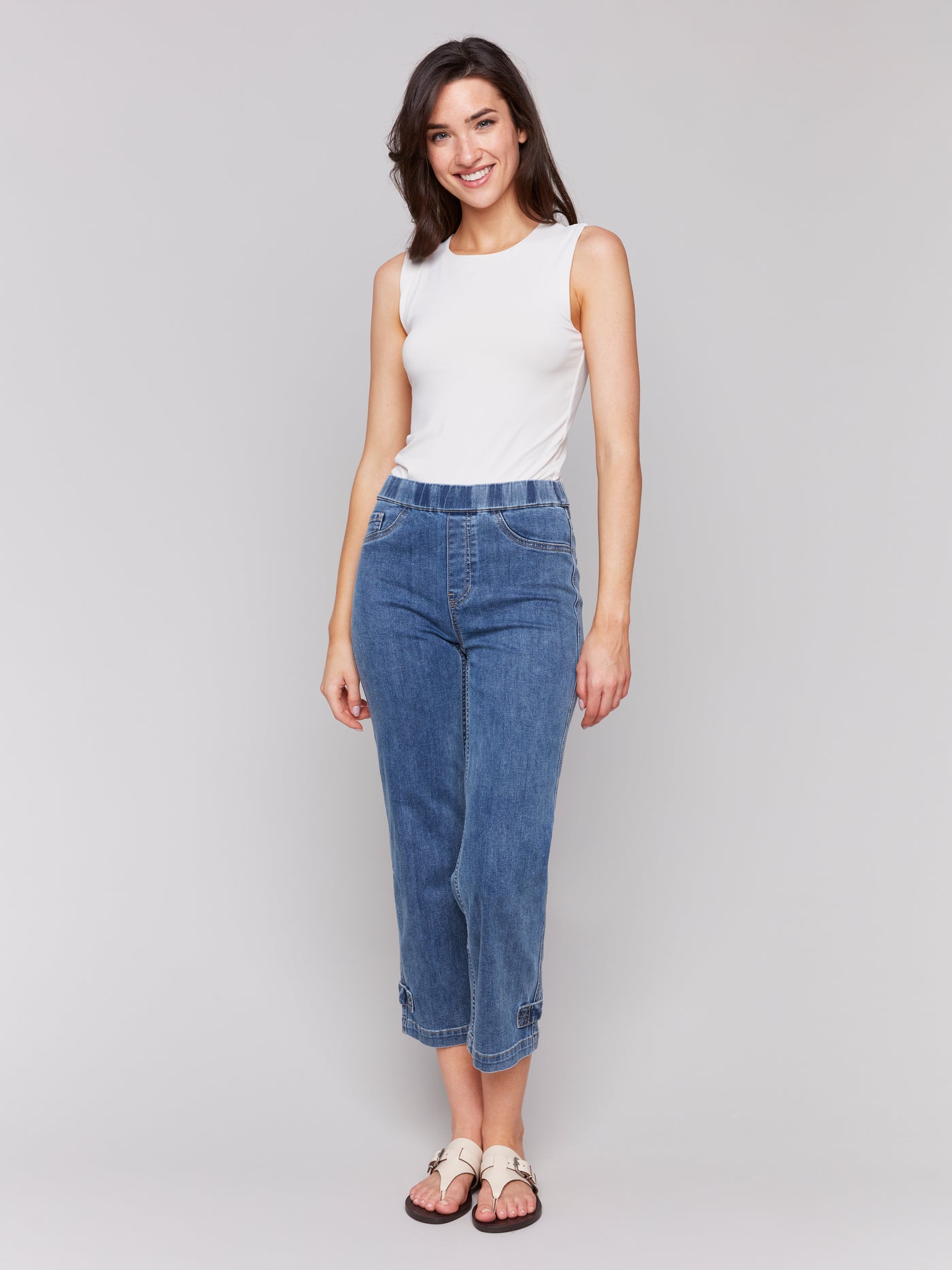 Cropped Pull-On Jeans with Hem Tab Charlie B