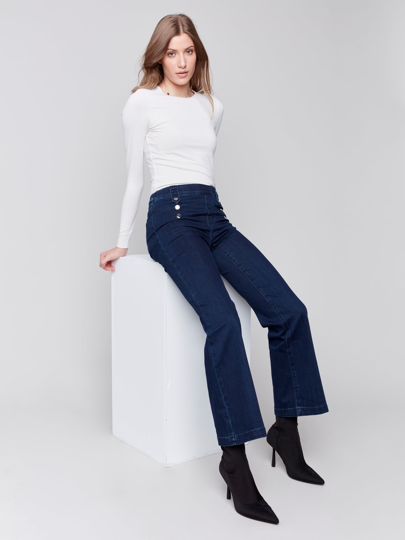 Pull-On Flare Jeans with Front Buttons Charlie B