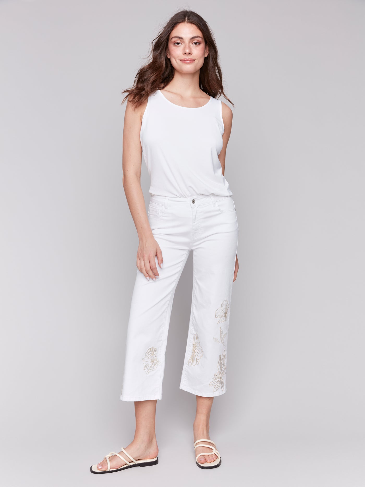 Floral Embroidered Cropped Flare Twill Pants