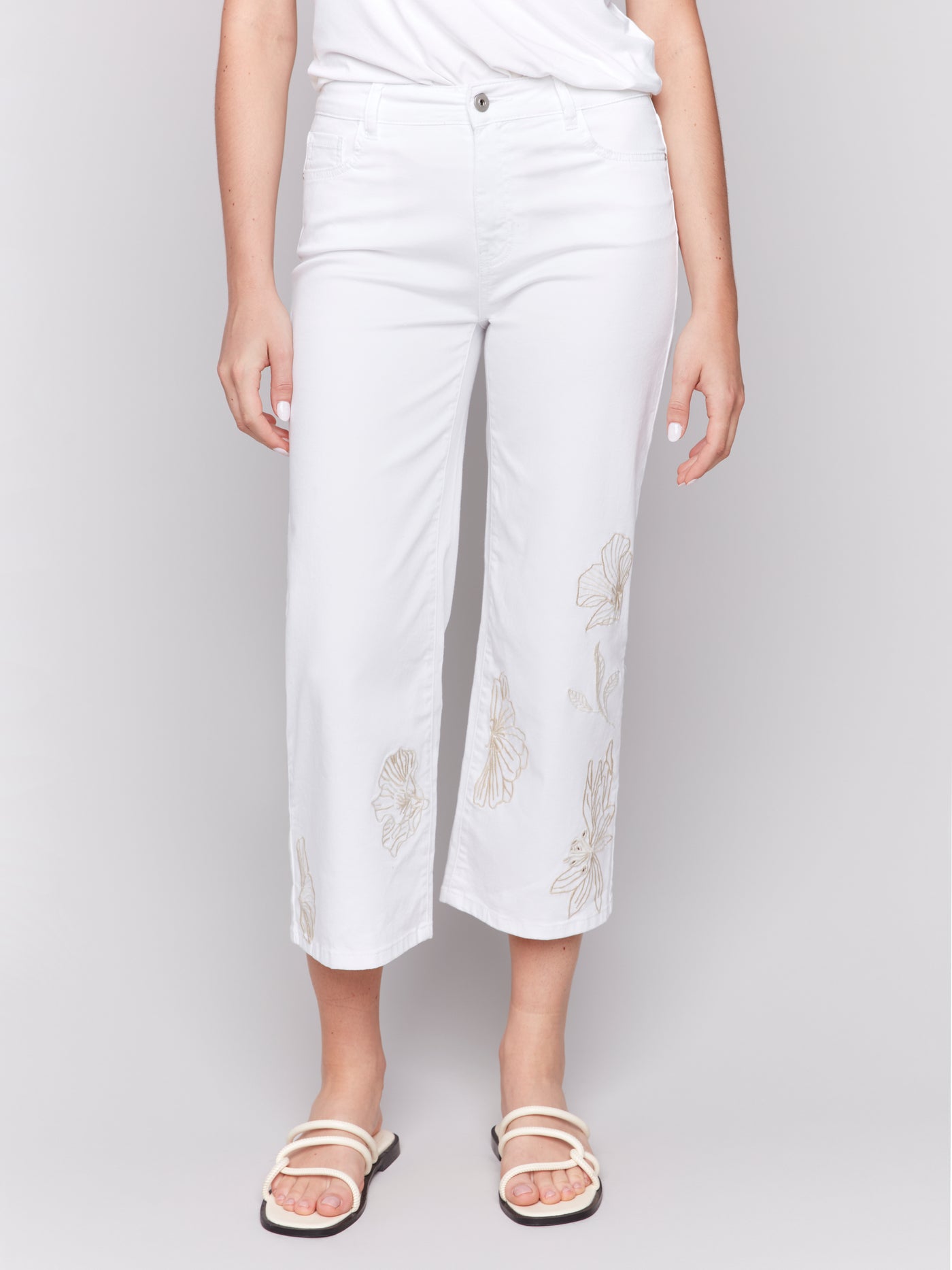 Floral Embroidered Cropped Flare Twill Pants