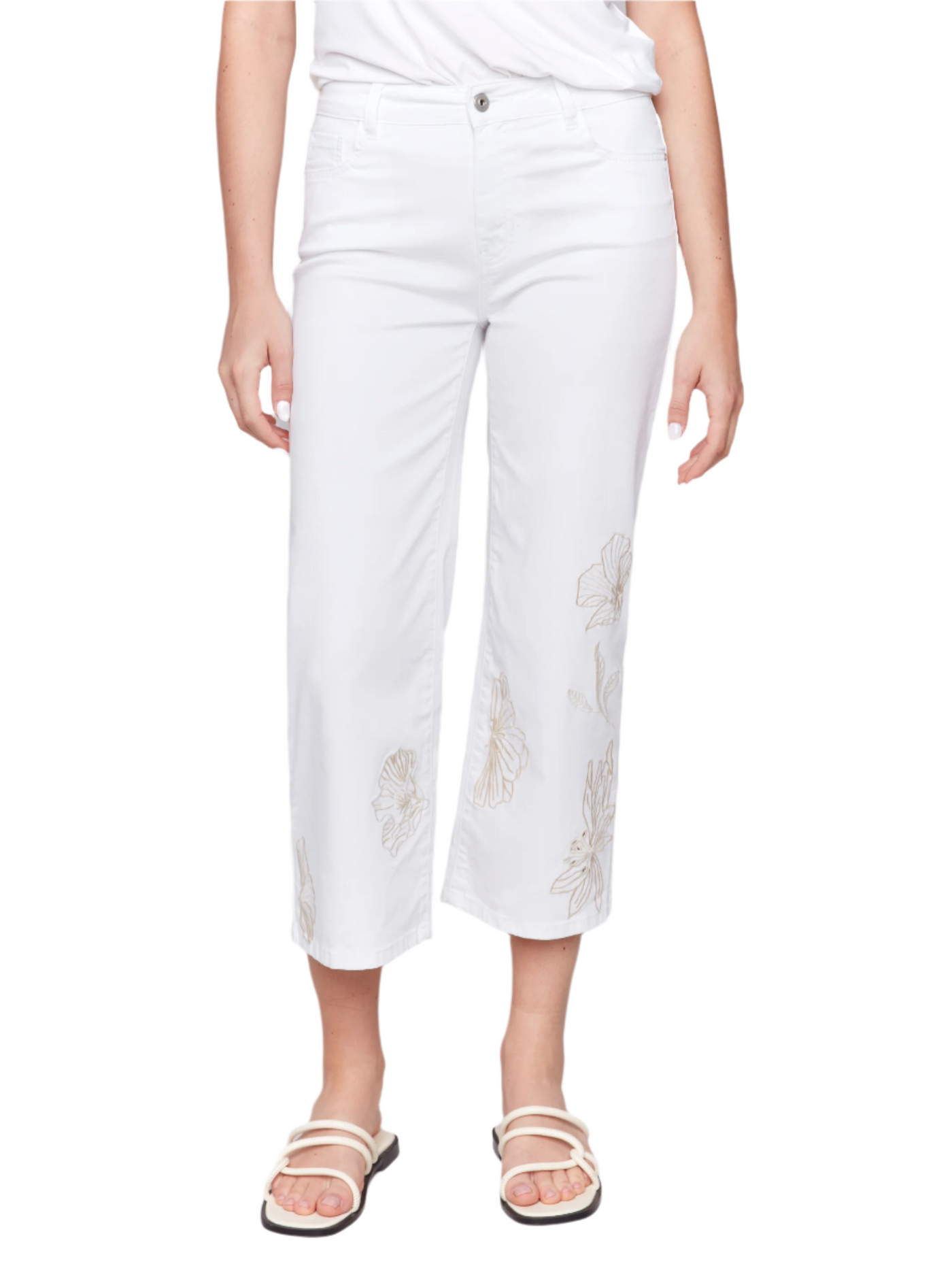 Floral Embroidered Cropped Flare Twill Pants