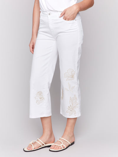 Floral Embroidered Cropped Flare Twill Pants