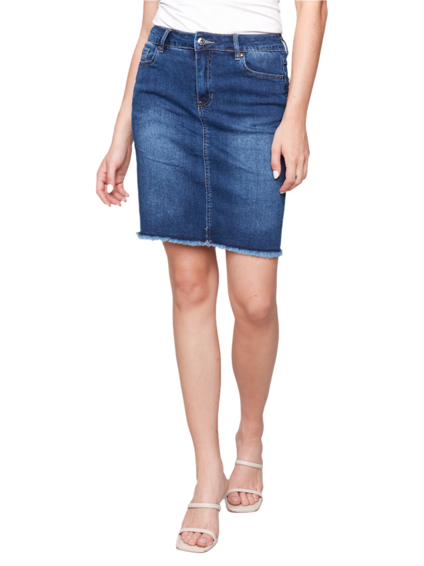 Stretch Denim Skort with Frayed Hem Charlie B