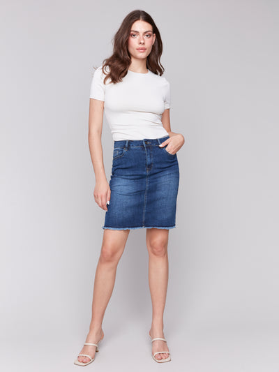 Stretch Denim Skort with Frayed Hem Charlie B