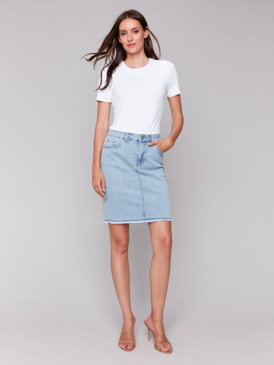 Stretch Denim Skort with Frayed Hem Charlie B