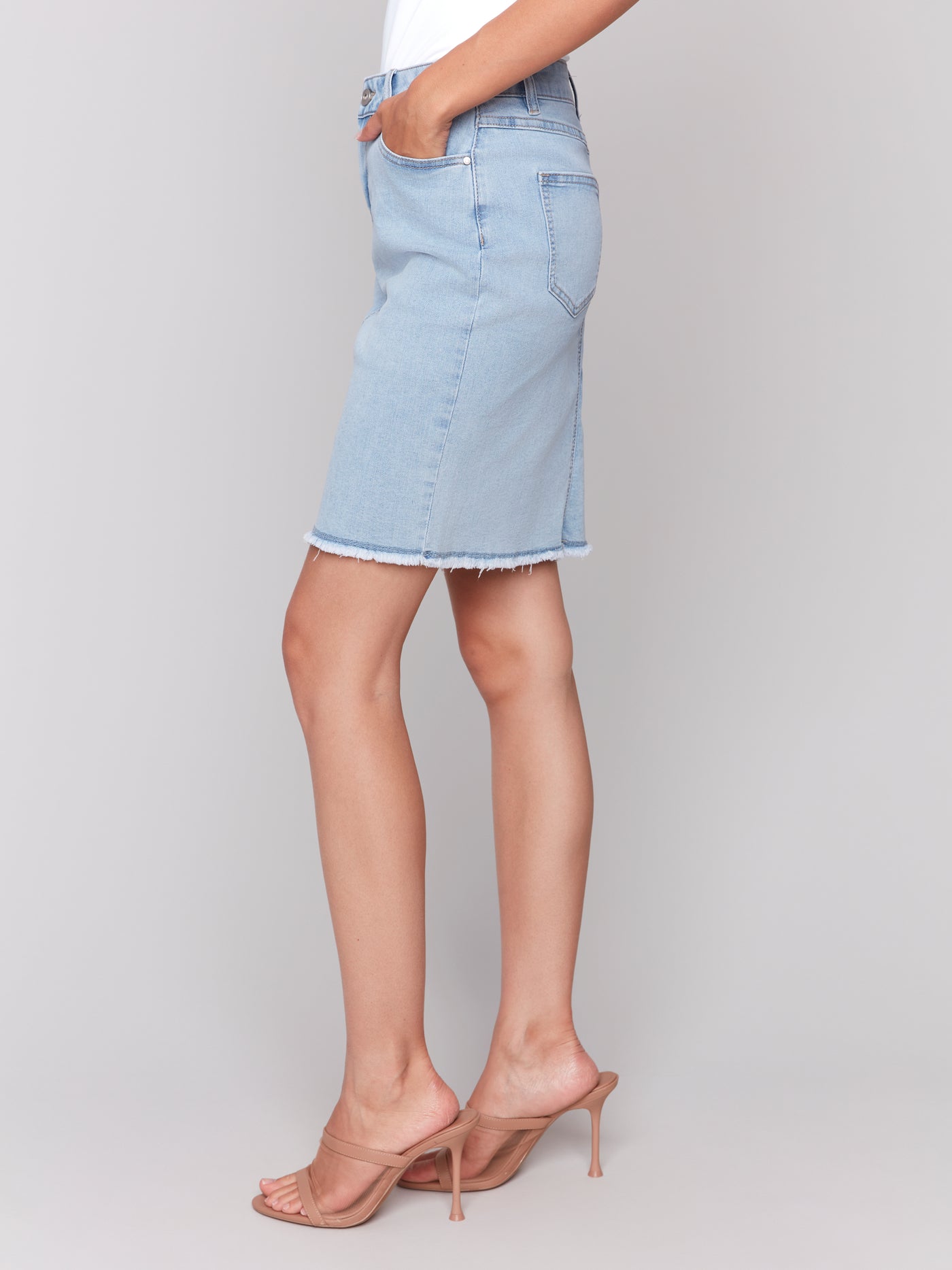 Stretch Denim Skort with Frayed Hem Charlie B