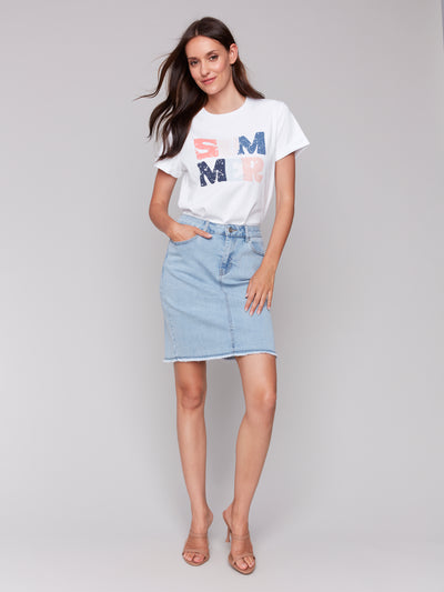 Stretch Denim Skort with Frayed Hem Charlie B