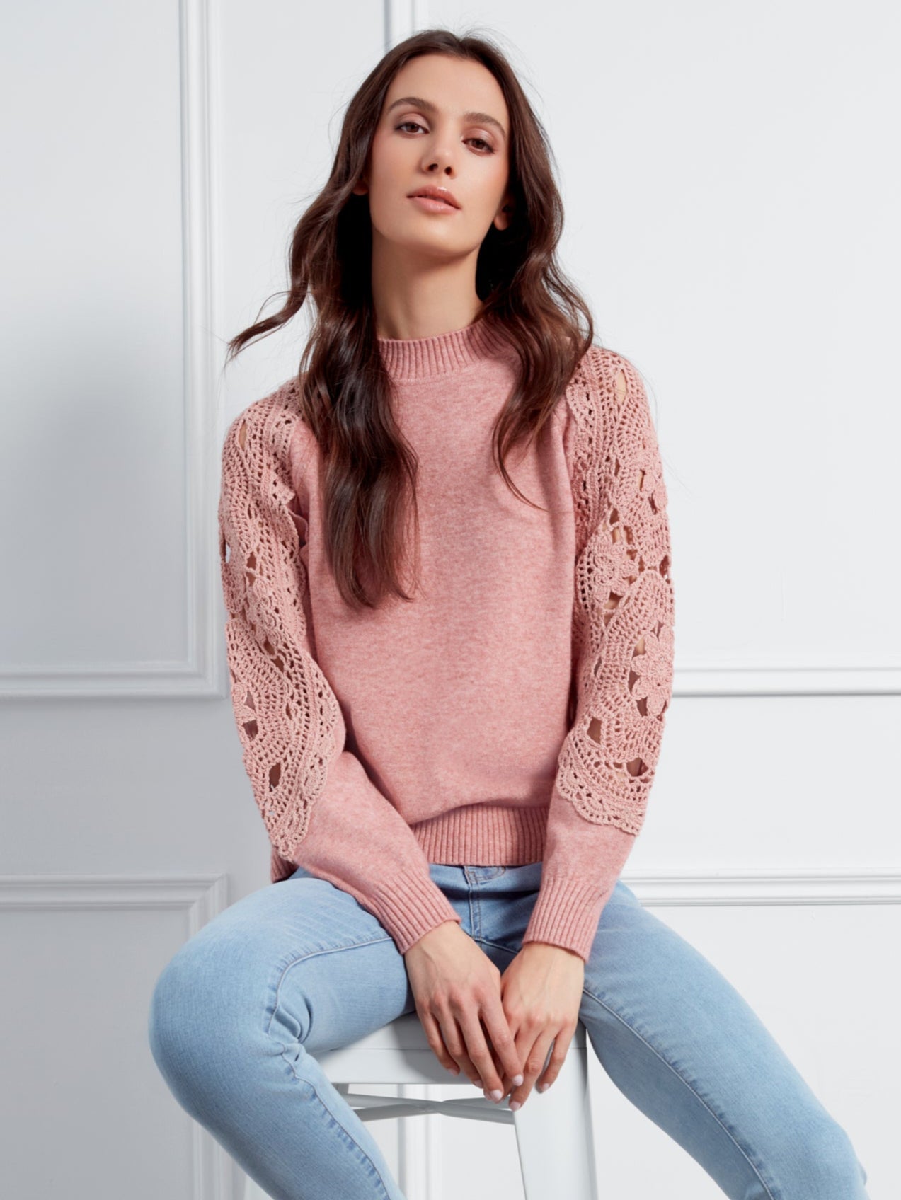 Mock Neck Sweater With Crochet Sleeves Charlie B