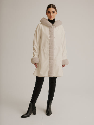 Reversible Faux Fur Coat W/ Fixed Hood & Button Front Nikki Jones