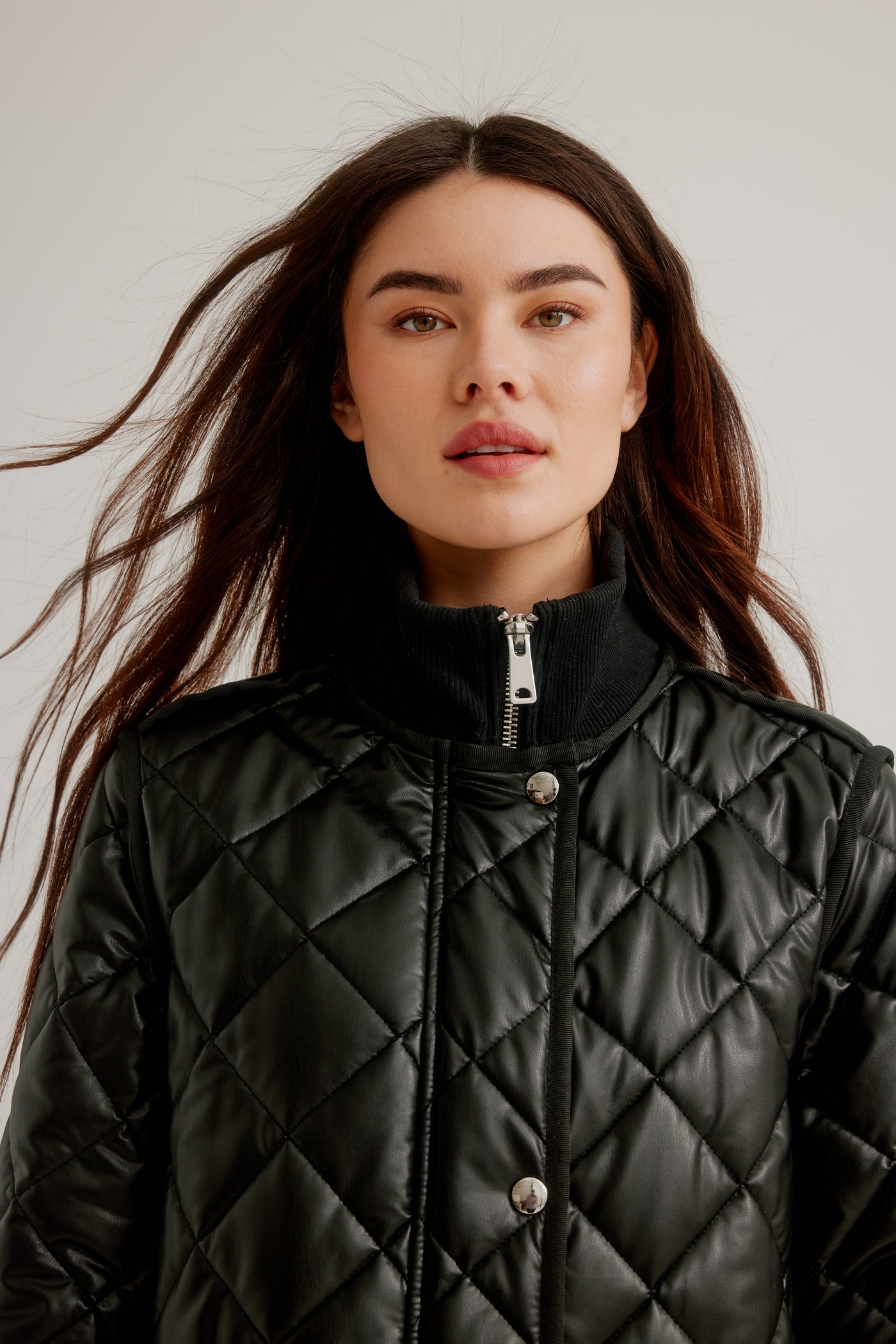 Vegan Leather Zip Front Diamond Quilted Coat Nikki Jones