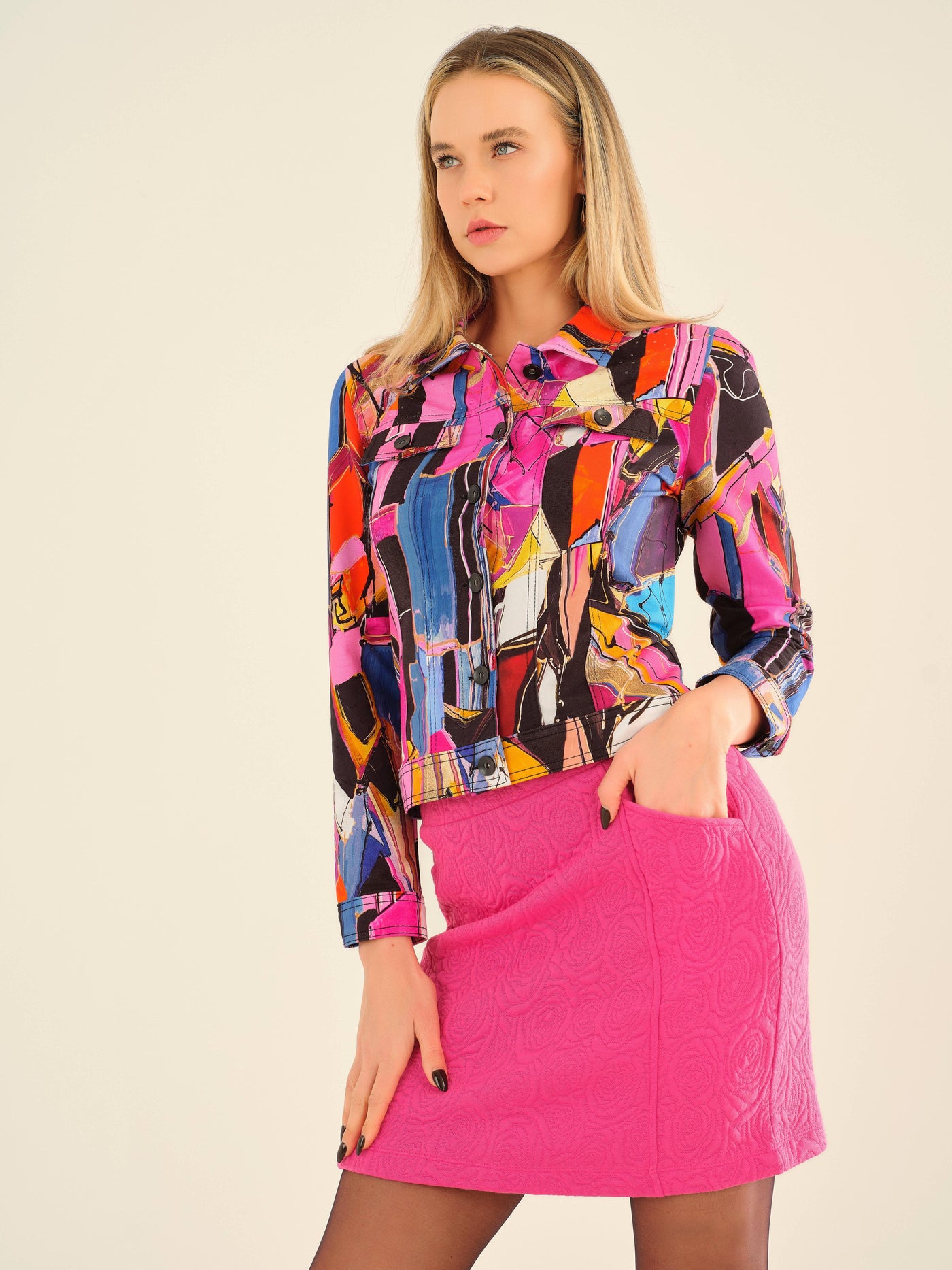 Abstract Multicolor Button Front Jacket Dolcezza