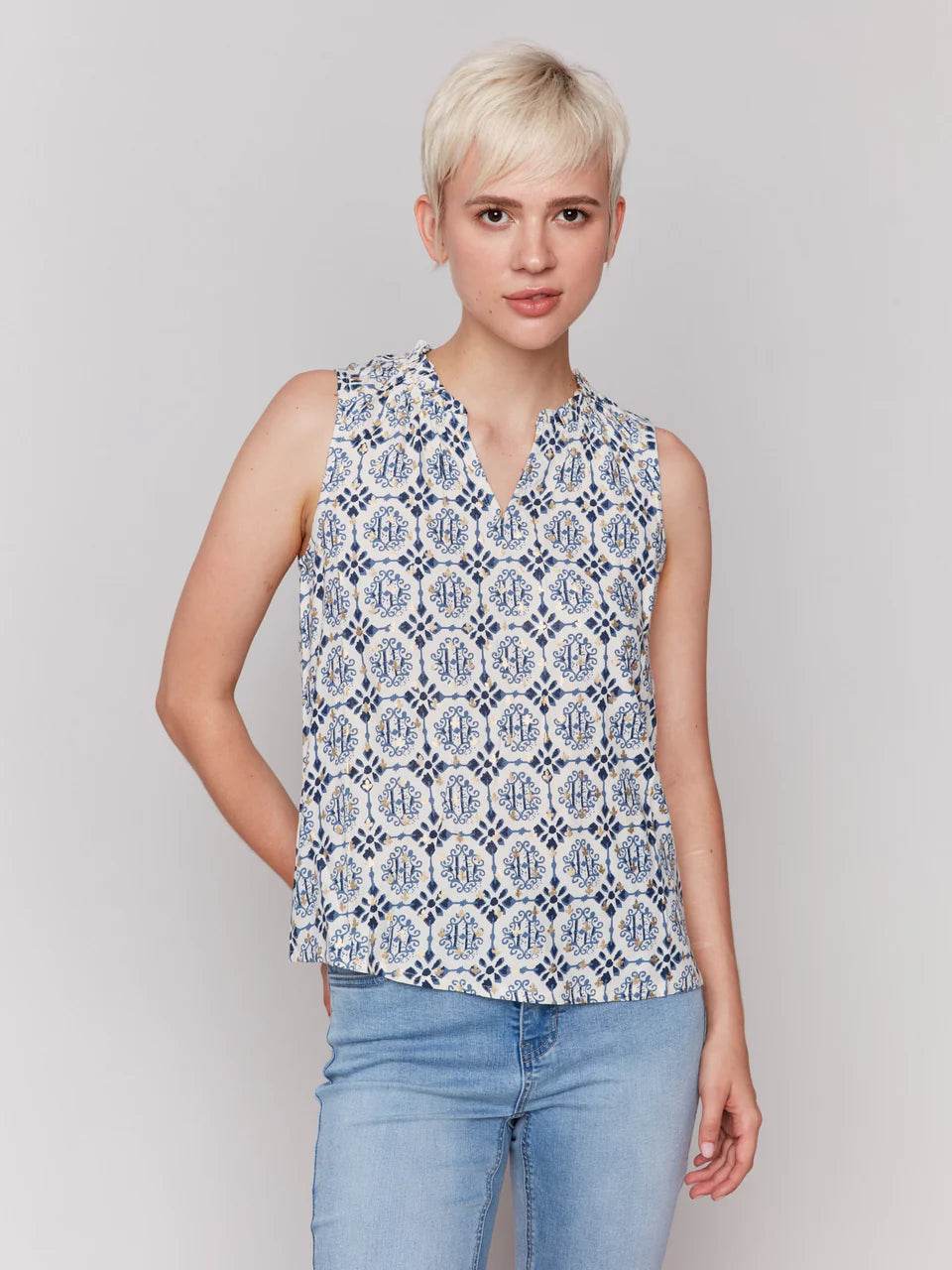 Printed Sleeveless Ruffle Neck Top - Dream Pants