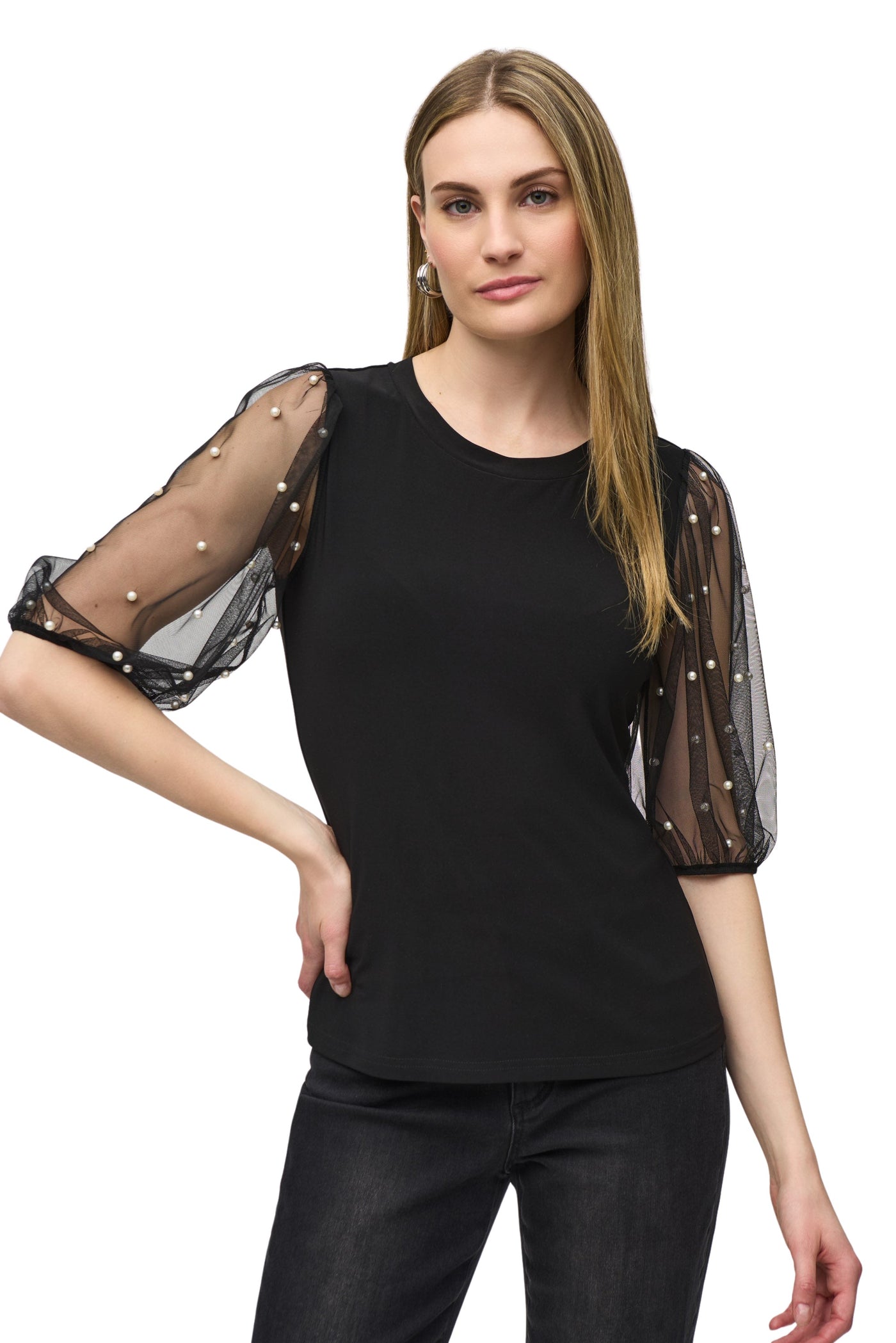 Silky Knit Top With Embellished Mesh Sleeves Joseph Ribkoff