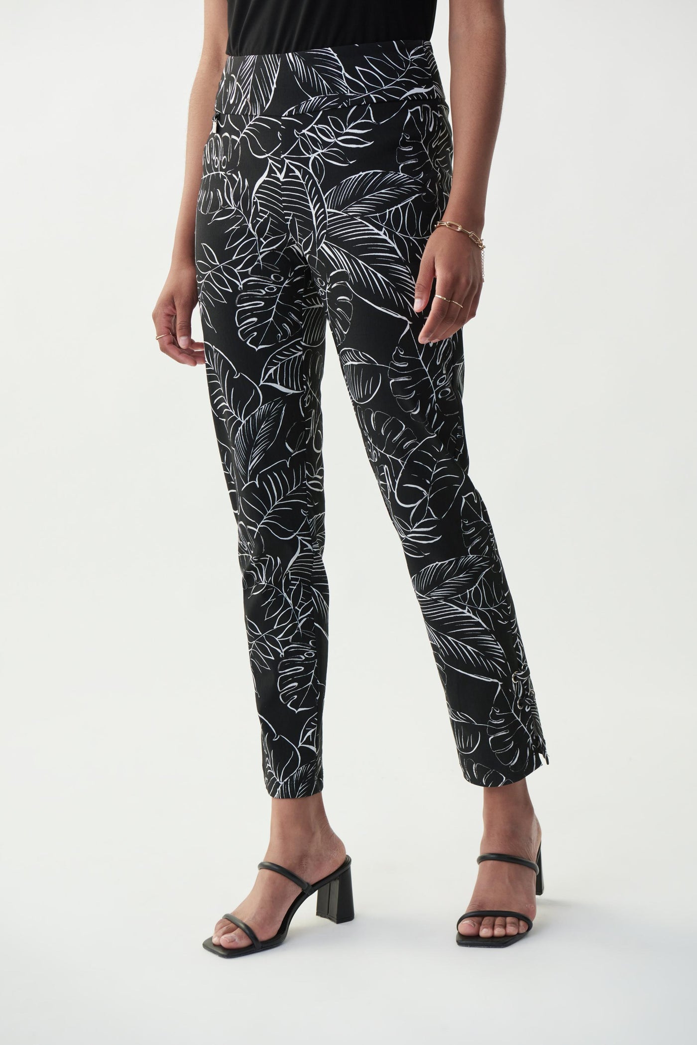 Joseph Ribkoff Pull On Palm Print Pants Style 221132 Color Black-Vanilla 