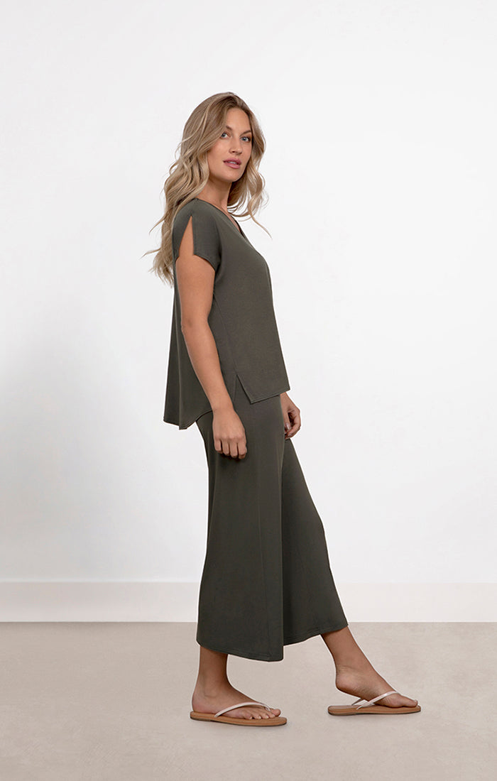 Sympli Bamboo V-Neck Slit Sleeve Top, Cap Sleeves 